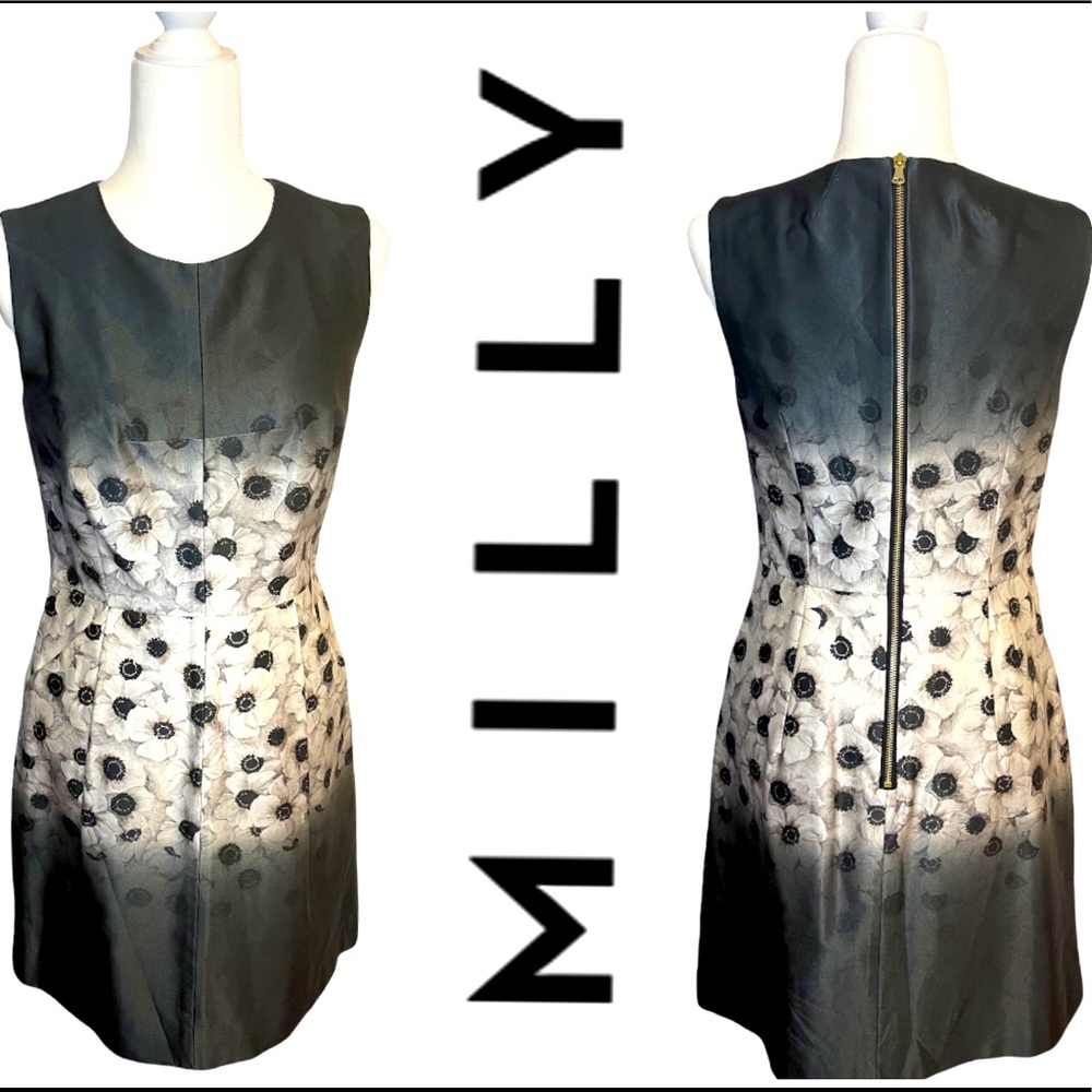 MILLY - Sleeveless shift dress. Two front pockets and exposed zipper.